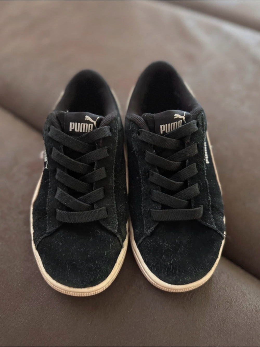 Puma Kids Black Suede Sneakers with Cream Trim